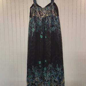 Sandra Darren Women Black Green Floral Empire Waist Strap Maxi Dress Size M Long
